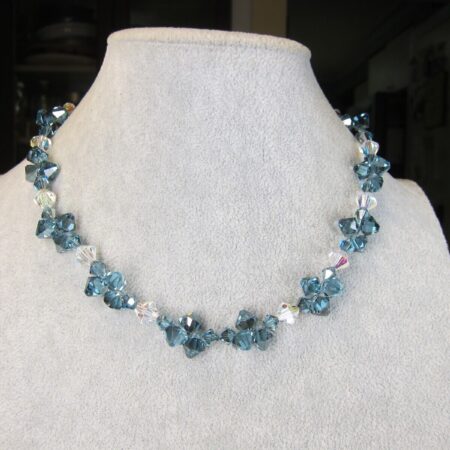 Beautiful AB blue & clear glass beaded 16-17" necklace sterling silver clasp
