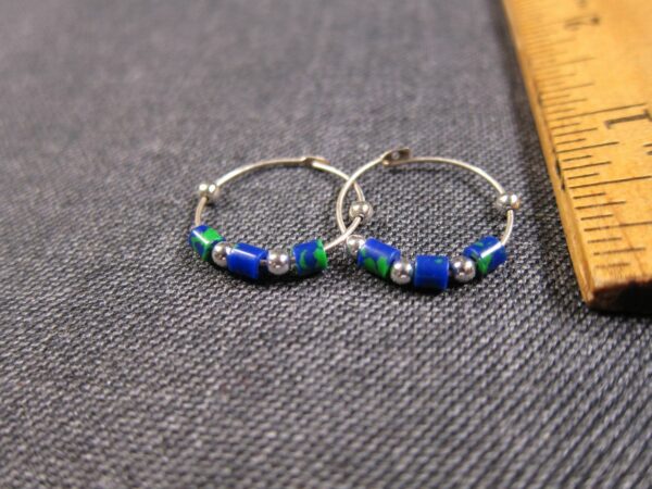Beautiful little sterling silver hoop earrings blue & green Azurite stone beads - Image 3