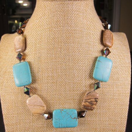 Big chunky statement necklace w/large turquoise stones picture jasper 16-19"