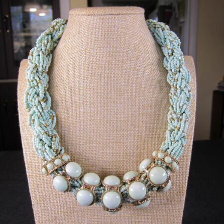Gorgeous Vintage 70's mint green statement necklace thick chunky gold tone