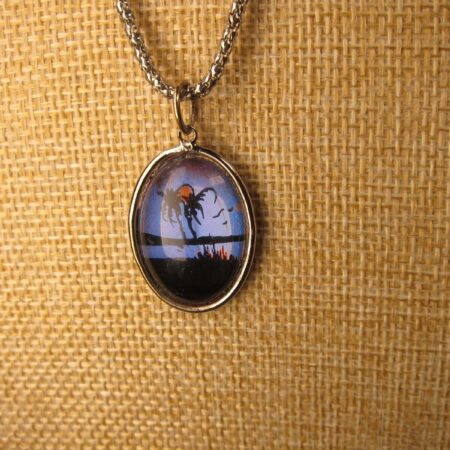 Beautiful vintage butterfly wing palm tree beach landscape pendant necklace