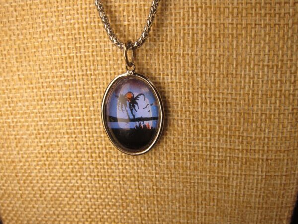 Beautiful vintage butterfly wing palm tree beach landscape pendant necklace