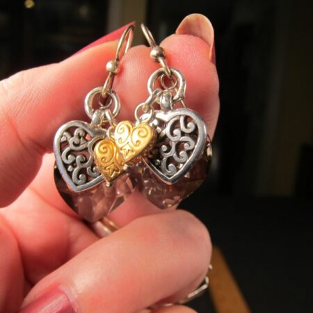 Beautiful 925 sterling silver dangle earrings w/rivoli crystal smoky hearts