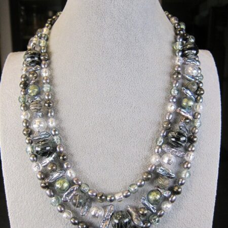 Gorgeous handmade 3-strand beaded necklace stone glass Biwa freshwater pearls