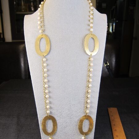 Gorgeous 38" real pearl, brushed gold-tone stations & rolo chain necklace