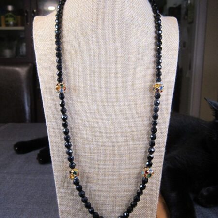 Gorgeous 29" long necklace black faceted glass & multi-color rhinestone beads