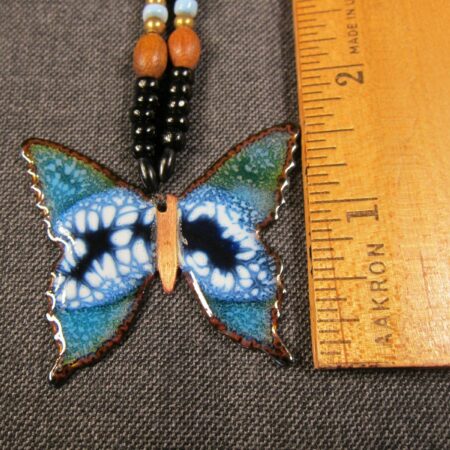 Gorgeous large copper and rainbow enamel butterfly pendant beaded necklace 18"