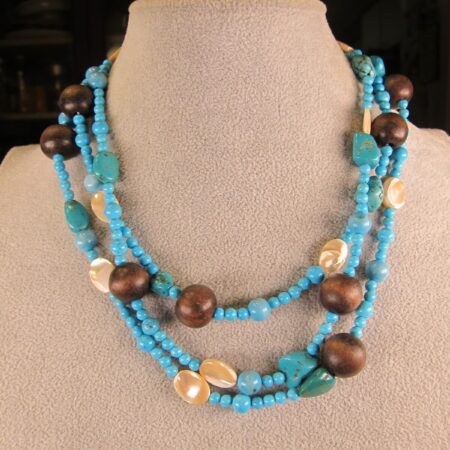 Gorgeous Zoe B. 14K toggle clasp necklace tiered beads turquoise wood MOP