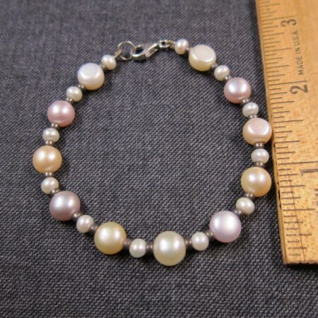 Beautiful pastel pink peach flat real pearls toggle bracelet sterling silver