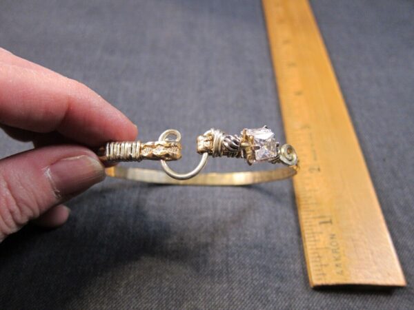 Neat gold-tone & sterling silver wire wrapped bracelet w/clear stone cube