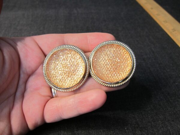 Big, bold gold tone & orange or peach shiny big pierced earrings bling! - Image 4