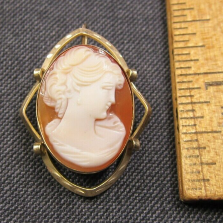 Gorgeous vintage carved shell 14K yellow gold cameo brooch pendant