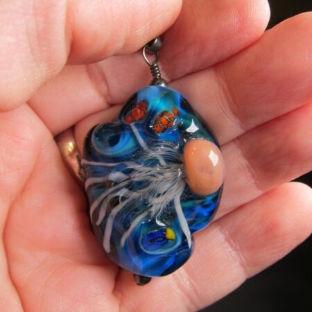 WOW!! handmade glass ocean clownfish jellyfish pendant sterling chain necklace