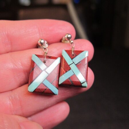 Beautiful stone inlay handmade dangle earrings signed JLR Janice Lee Ripley