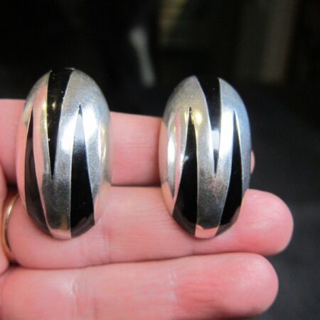 Gorgeous tiger striped black enamel sterling silver Taxco domed clip-on earrings