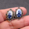 Vintage Holland Delft porcelain windmill 835 silver filigree clip on earrings
