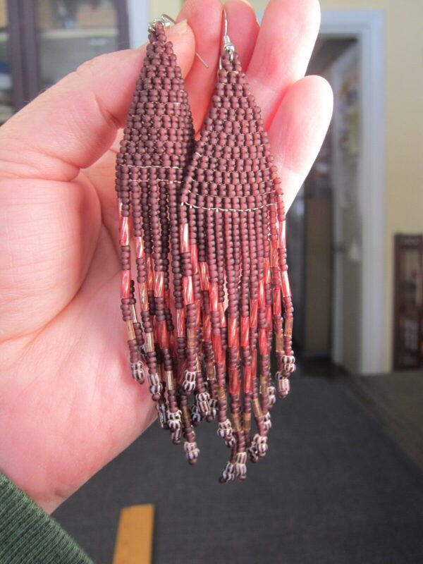 Gorgeous 4.5" hand-beaded dangle earrings matte burgundy w/antique trade beads - Image 3
