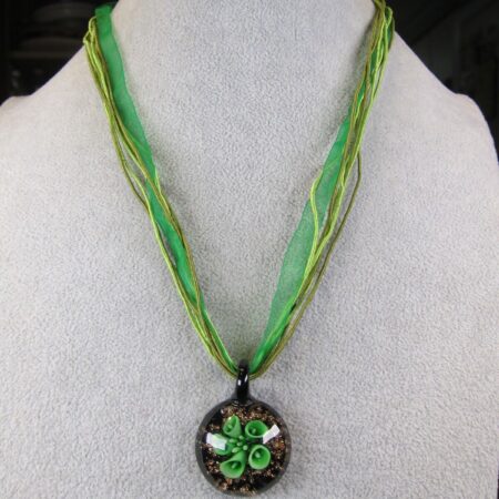 Gorgeous multi-strand green cord necklace w/dichroic glass pendant 19-21"
