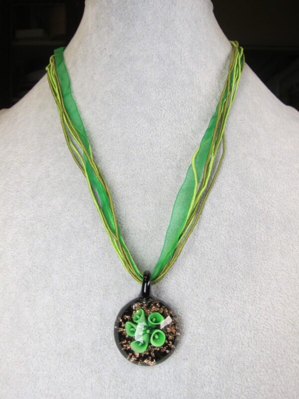 Gorgeous multi-strand green cord necklace w/dichroic glass pendant 19-21" - Image 2